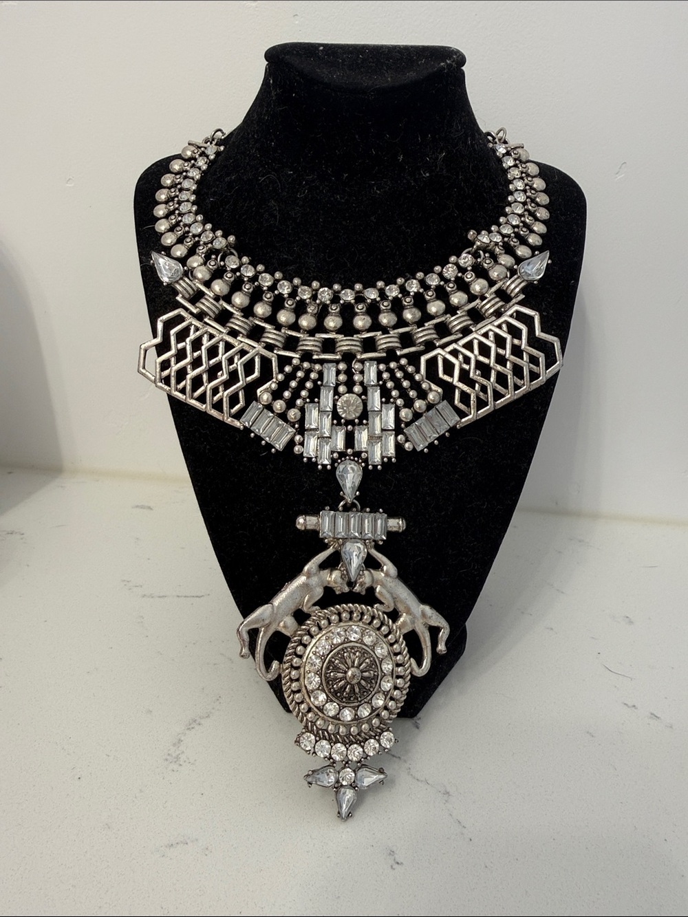 Statement Silver-Tone Multi-Layer Pendant Necklace highly adjustable length